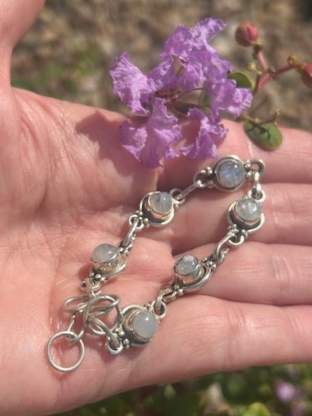 STERLING SILVER Rainbow Moonglow Stone Link Artisan BRACELET